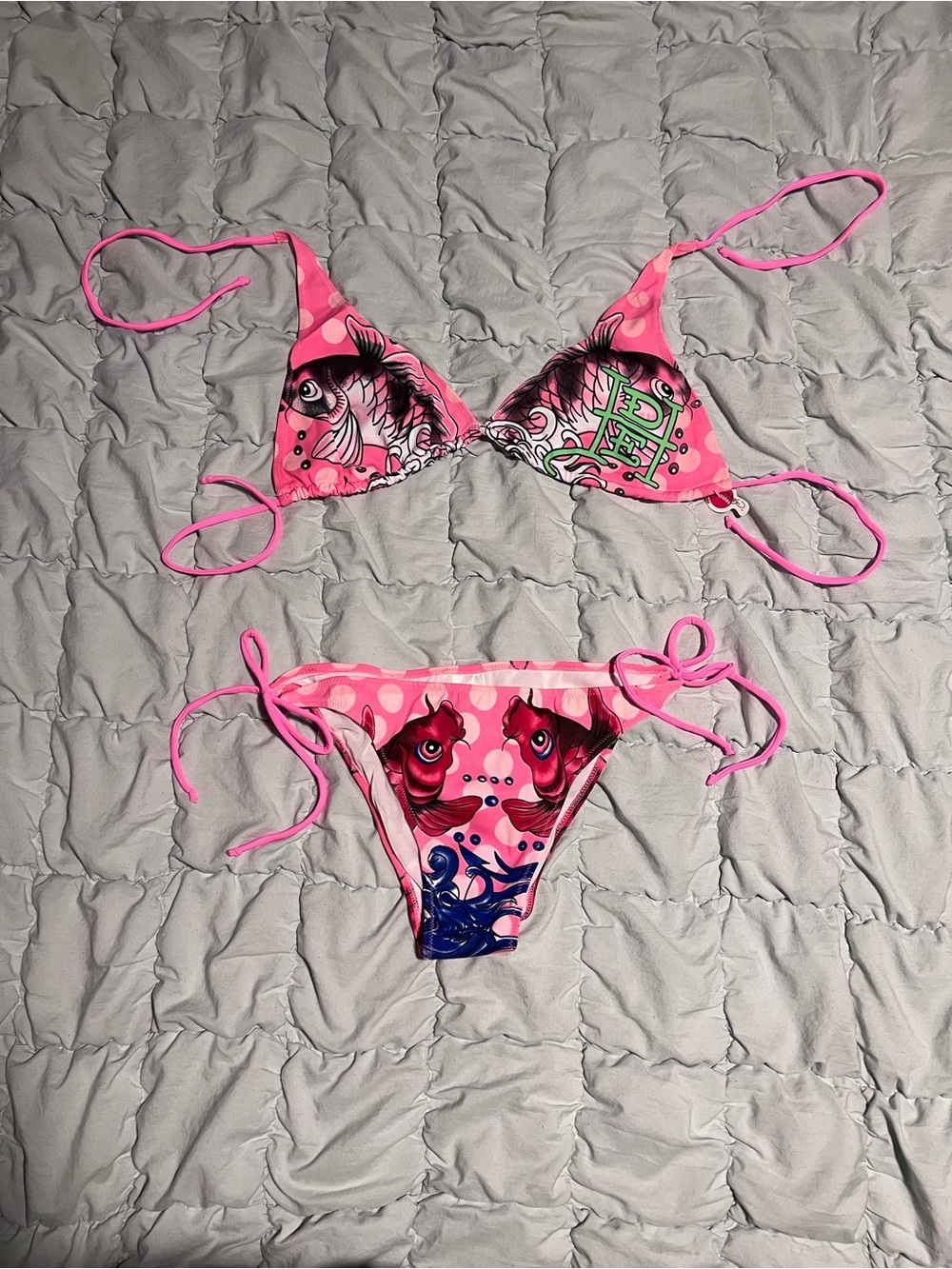 Ed Hardy Pink Fish-Graphic Tie-Side Bikini
